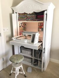 DIY Sewing Cabinet From An Old Media Armoire | Remodelicious.com - #Armoire #Cabinet #CraftRoom #CraftRoomColors #CraftRoomIndustrial #CraftRoomTable #DIY #Media #Remodeliciouscom #Sewing