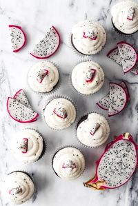 Slightly floral and lightly citrusy, with beautiful specks of black seeds, this Dragon Fruit Buttercream Frosting pairs perfectly with my favorite moist chocolate cupcakes recipe to make an interesting, tasty dessert.