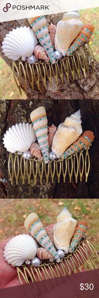 Handmade seashell hair comb/mermaid/boho/gypsy An Abbie's Anchor Original-This hair comb is made from seashells from the Oregon Coast. Spiral shells are decorated with iridescent gems. You will find a few rhinestones & faux pearl beads hiding amongst the shells-Comb is made from brass filigree and measures 3 1/2" across X 2 3/4" tall. COMB IS MADE TO ORDER-please allow 3 days to ship. Each comb slightly differs as each shell is unique, I do my best to make it look almost identical to the one...