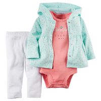 Carter's Girls 3 Piece Blue Print Hooded Peplum Cardigan, Pink "Beautiful in Every Way" Bodysuit and White Legging Set - Carters - Babies"R"Us