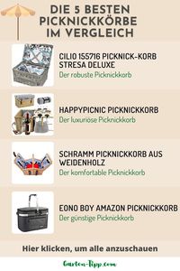 Ein Picknickkorb ist ideal, wenn Du Speisen und Getränke ins Freie mitnehmen möchtest. Ein guter Korb besteht aus einem kompletten Set an Geschirr, Besteck und Gläsern, sowie einer Decke, einer Kühltasche und einem Flaschenöffner. Wir stellen Dir Dir 5 verschiedene Picknickkörbe mit jeweils unterschiedlicher Ausstattung vor. Obendrauf erhältst Du auch noch die Vor- und Nachteile, sodass Du sicher den richtigen Picknickkorb für dich findest. #GartenTipp #Picknick #Sommer #MustHaves