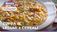 ZUPPA DI LEGUMI E CEREALI - UN PRIMO PIATTO SOSTANZIOSO, SAPORITO E FACILISSIMO - "La zuppa di legumi e cereali è un primo piatto molto semplice da preparare, sano e ricco! Arricchita con verdure ed erbe aromatiche, cereali è ideale da mangiare ben calda e fumante durante i freddi giorni d’inverno. Un comfort food che fa bene al cuore!". Video di Giallo Zafferano.