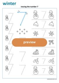 Winter worksheet, number writing practice. Tracing the number 7. Preschool, Kindergarten, First grade worksheets: lookbookeducation.com