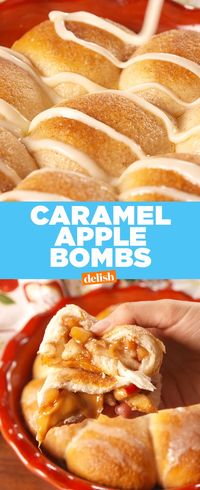 Caramel Apple Bombs are perfect for when you're missing fall. Get the recipe at Delish.com. #recipe #easyrecipes #caramel #apple #dessert #brownsugar #cinnamon #icing #biscuits #dough