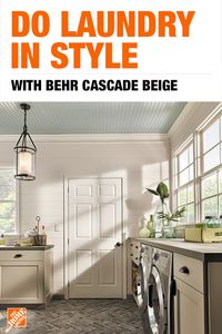 Reinvent your laundry room with a color refresh. Choosing a neutral color gives your appliances and accessories an opportunity to shine. Click to shop Cascade Beige by BEHR.