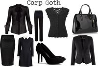 afrogoth: Corp Goth by blackmagickbarbie featuring v neck shirts Victoria Beckham collared dress, $1,005 / Etro silk blouse, $665 / L.K.Bennett v neck shirt, $120 / HM blazer, $49 / MaxMara , $295 / River Island black skirt, $20 / Ash shoes / J Jeans by Jasper Conran black tote bag, $84