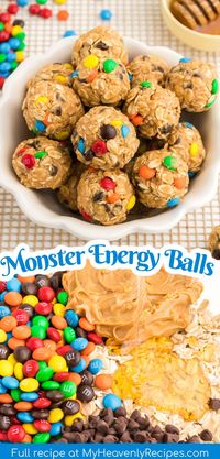 Monster Energy Balls Recipe- yummy snack energy bites to make at home. Only 5 ingredients creamy peanut butter, honey, m&ms, chocolate chips, and oats. Kid approved treat snack. Semi healthy