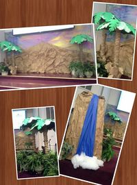 VBS Stage Decoration - sky palm trees waterfall mountain