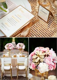 gold and pink wedding ideas.. Do Not like the flower bouquets tho