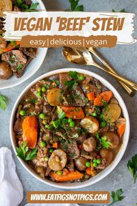 This vegan Beef Stew is the ultimate cold weather comfort food! Tender vegan beef pieces slow cooked in a rich stew with potatoes, onions, carrots, and mushrooms make for a cozy meal that everyone is sure to love! Rich | Delicious | Vegan