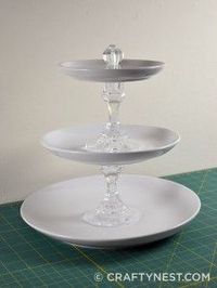 Large DIY tiered jewelry tray - made from plates & glass candlesticks (dollar tree for candlesticks, dollar store or thrift store for plates), Can also be used as cupcake/appetizer display or displaying decorating accesories