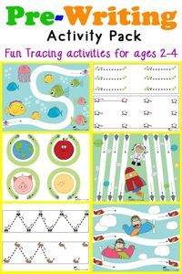 Pre-Writing Activity Pack for toddlers and preschoolers ages 2-4 featuring fun tracing worksheets to help develop prewriting skills.