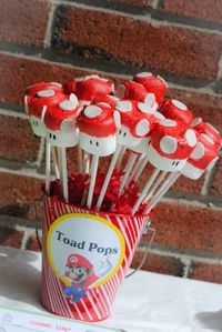 Mario toad marshmallow pops at a video game party! See more party ideas at CatchMyParty.com! #partyideas #videogame