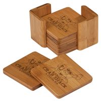 Personalized 3 3/4" x 3 3/4" Bamboo Square 6 Coaster Set with Holder Personalize with 3 lines up to 30 characters per line Size: 3 3/4" x 3 3/4" Personalize with 3 lines up to 30 characters per line Material: Bamboo