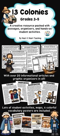 Learning about life in the 13 Colonies couldn't be more fun! This pack has 20 passages, organizers, map activities, vocabulary posters, case files on 10 tradesmen of colonial times, comprehension and connection activities, and so much more! Your students will learn all about Life in the 13 Colonies with this creative pack!