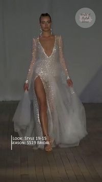 Stunning Embroidered Transparent (for the Show) Slit Sheath Wedding Dress / Bridal Gown with Deep V-Neck Cut, Back Cut, Long Sleeves, a Skirt and a Train. Spring Summer 2019 Bridal Couture Collection “Miami”. New York Runway Show by Berta