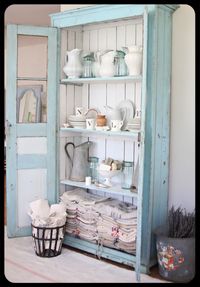 Something like this across dining room wall. Just deep enough for appliance storage below, platters & serving dishes up top.