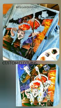 Unigue designer artwork, custom clothing, fabric painted denim jacket Clothes as a work of art. Hand-painted. A wide variety of models in my store...