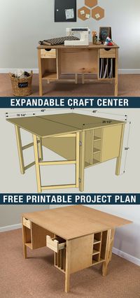 DIY Expandable Craft Center | Free printable project plans on buildsomething.com | Whether you’re working on craft projects, sewing, or pursuing another hobby, this craft table offers a large work surface that can be expanded when you need even more room. Plus this table has storage for all of your supplies. Build one for yourself, and you’ll be set to get your craft on!