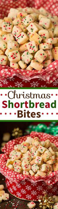 Christmas Shortbread Bites - these are the most pop-able fun to eat cookies out there! They were actually really easy to make and they taste AMAZING! A perfect Christmas treat, but you could also use a rainbow sprinkle blend for birthdays.