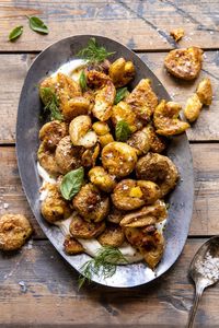 Crispy Salt and Vinegar Smashed Potatoes | halfbakedharvest.com #potatoes #instantpot #easyrecipes #sidedish