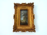 Antique framed oil painting landscape on wood , small signed French 1900s school of Barbizon oil painting European impressionist art