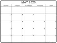 May 2020 Monday Calendar | Monday to Friday