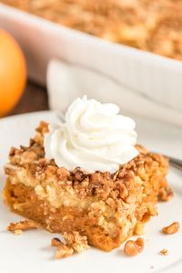 Pumpkin Dump Cake is the perfect fall dessert alternative to pumpkin pie! With a dense pumpkin base and a cake topping both loaded with Pumpkin Pie Spice and chopped nuts, this dessert's amazing layers will impress the whole family!
