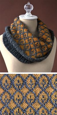 Free Knitting Pattern for Willowwork Cowl - Worked in the round from the bottom up, this striking cowl combines ribbing, twisted stitches, and stranded colorwork. Designed by Amy Gunderson for Universal Design. Aran weight yarn.