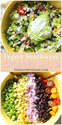 This Vegan Southwest Chopped Salad is perfect for Summer. Made with vegan cilantro ranch, crunchy veggies & black beans. Ready in just 15 minutes | ThisSavoryVegan.com #thissavoryvegan #vegansalad #veganlunchideas