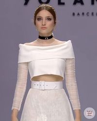 White Two Piece Slit Wedding Dress. Top with Off Shoulder Illusion and Long Sleeves. Ideal for a Beach Wedding 2020 Bridal Collection “No Fear“. Runway Show by Yolancris.