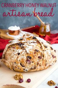 This No-Knead Cranberry Honey Walnut Artisan Bread is a delicious sweet bakery-style bread that's perfect for the holidays! Make it perfect with my easy pro tips for homemade bakery-style bread! Recipe from thebusybaker.ca! #artisanbread #cramberry #honey #walnut #holiday #holidays #bread #easy #recipe #comfortfood #bakerstyle #homemade