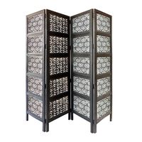Four Panel Mango Wood Room Divider with Traditional Carvings, Black and White - Add glorious charm to your living space with the addition of this utilitarian room divider, featuring see through traditional carvings. Connected through metal hinges, it features four panels which you can access as per your desired purpose. When not in use you can easily fold it and keep aside. It is constructed using Mango wood and MDF, accented with elegant black and washed white finish that perfectly blends with