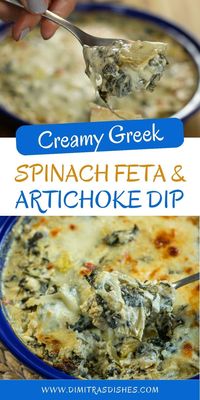 My spinach, feta, and artichoke dip is the perfect appetizer for every game day and holiday party. It’s the exact same recipe as my spanikopita dip, but I added artichoke hearts. Adding the artichokes changes the flavor to make the perfect spinach and artichoke dip. It’s rich and creamy and can be served with anything from veggies to pita bread. So, it’s a great low-carb appetizer!