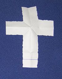 Pinner says: I just used this "magic trick" to bring my kids into Lent. Talk about Lent as you do the folds. The part torn off is the bad things we get rid of during Lent. Throw it away. What is left is our ticket into Heaven- as we open our folded paper and find it has turned into a cross. Worth a try!