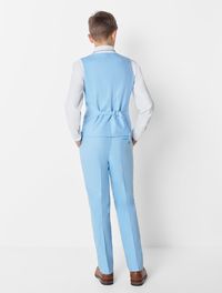 A formal favourite, the Harvey waistcoat suit in blue is a fresh take of formal. The modern double breasted design is perfect for those warmer weather events, the slim fit a trendy take on a tailored outfit. With adjustable waistband, the outfit is designed in linen-effect cloth combining style with comfort that reinvents traditional suit dressing. #bluesuit #boyssuit #wedding #weddinginspo #suit #bluesuit #wastcoat #childrenclothing