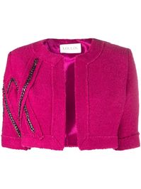 Magenta-pink chain-detail cropped jacket from LOULOU featuring gunmetal-tone hardware, chain-link detailing, short sleeves and cropped.