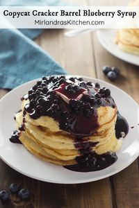 Mmmm pancakes with blueberry syrup! This syrup is easy to make at home and much better than the beloved syrups served at Cracker Barrel or IHOP! It has more flavor, less sugar and no high-fructose corn syrup! This is the stuff heavenly Saturday mornings are made of.