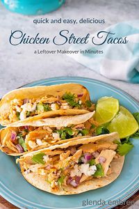 In the world of chicken leftover recipes, my scrumptious Chicken Street Tacos are pretty near perfection. Tender, juicy chicken; some crunchy red onion, cilantro, queso fresco and tangy lime juice in a freshly charred corn tortilla. This yummy gluten free street taco recipe is delicious proof that dinner in minutes is possible when you cook from planned leftovers! Get the easy recipe on the blog, today!