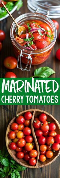 These quick and easy Marinated Cherry Tomatoes are crazy simple to make and full of flavor. Enjoy them bruschetta-style on crostini, on top of leafy green salads, and more! #tomatoes #cherrytomatoes #vegan #vegetarian #glutenfree #healthy #easyrecipes