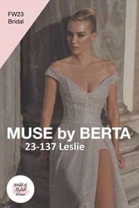 Silver Slit Off Shoulder Mermaid Wedding Dress / Wedding Gown. Fall Winter 2023 Bridal Collection "Pantheon" by Berta.