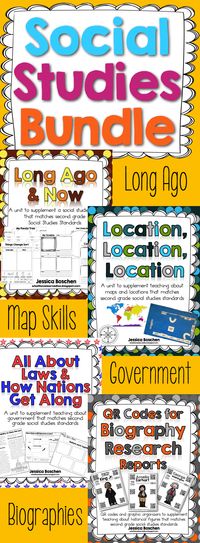 Social Studies Bundle {Complete Year of Curriculum} is a bundle of resources for second grade social studies. Includes: Long Ago & Now, Map Skills (Location, Location, Location), QR Codes for Biography Research, and All About Laws and How Nations Get Along. Complete Curriculum | Teaching Social Studies | Elementary Social Studies | Second Grade Social Studies | Scaffolded for English Language Learners | ELL Social Studies | ESL Social Studies