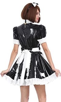 Here in this image, we again see the same lady model in a French Maids' Dress, whilst she poses for a photo, during a Ladies Fashion Industry photography session. Though the origins are uncertain, it's believed this type of clothing evolved as part of the Moulin Rouge, Houses Of Paris, etc, era of "more Liberated Free Thinking" renowned in French Society, equal to that of Britain's Queen Victoria era, of the 19th - early 20th Centuries.