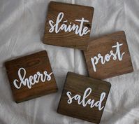 Cheers Salud Prost Slainte Wood Coaster Set of 4 | Hand-painted Wood Coaster Set | Housewarming Coas