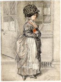 1781 A lady coming from the circulating library; woman in large bonnet leaving shop l, the door to which is partially open, walking towards r with book in her hands, shop window behind her displaying books Black and red chalk with grey wash on grey paper