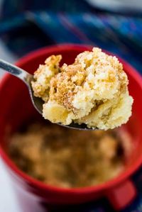 Coffee Cake in a Cup: This recipe is perfect for when you get a sweets craving but don't want to spend the day baking! One of the best mug cakes I've tried-- fluffy and moist and totally not gummy.