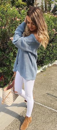 #fall #outfits women's blue off-shoulder sweatshirt