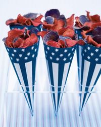 red and blue chips in paper cones!