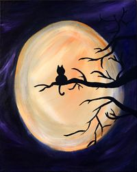 Harvest Moon Kitty, original painting, halloween, cat, acrylic on stretch canvas