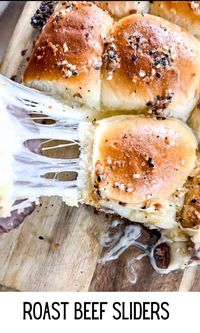 Roast Beef Sliders are toasted sweet rolls layered with thinly sliced roast beef, melty cheese, and a savory side of au jus dipping sauce. These tasty mini sandwiches are ready in just 20 minutes and make the perfect meal or appetizer. #sliders #roastbeef #sandwich #appetizer